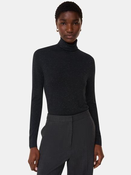 Whistles Annie Sparkle Roll Neck Knit, Black, Black