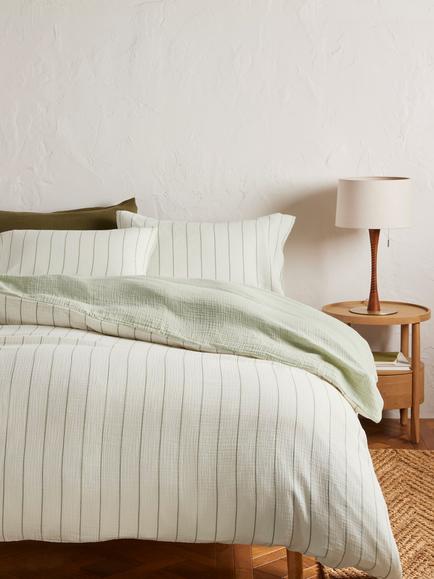 John Lewis Hayle Pure Cotton Gauze Reversible Stripe Bedding - view 2, Green/Multi