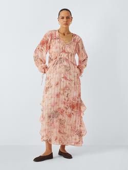 John Lewis Botanical Print Tie Detail V-Neck Maxi Dress, Pink, Pink