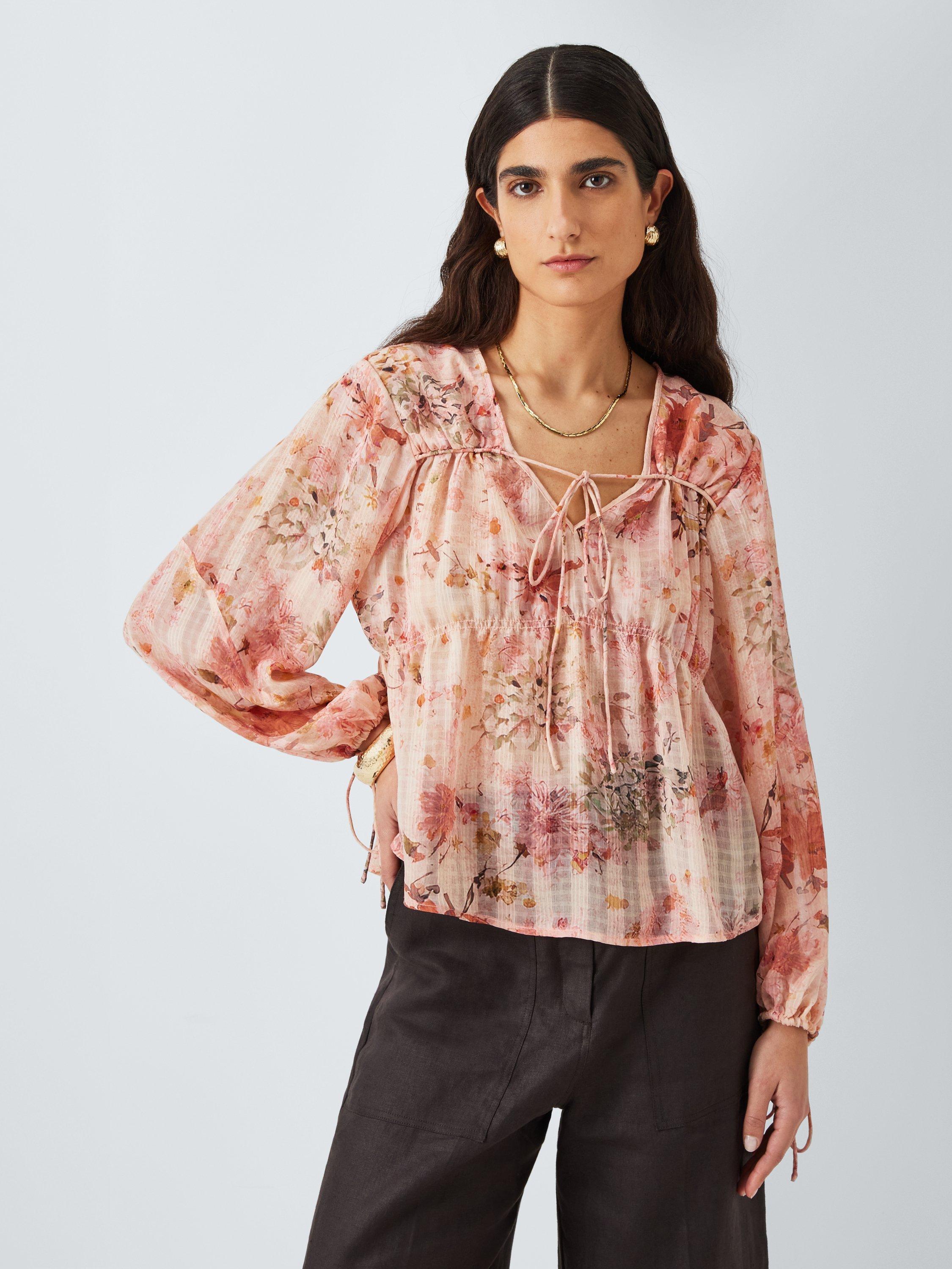 Product image 1 of 7, which shows John Lewis Botanical Print Tie Detail V-Neck Blouse, Pink, 20