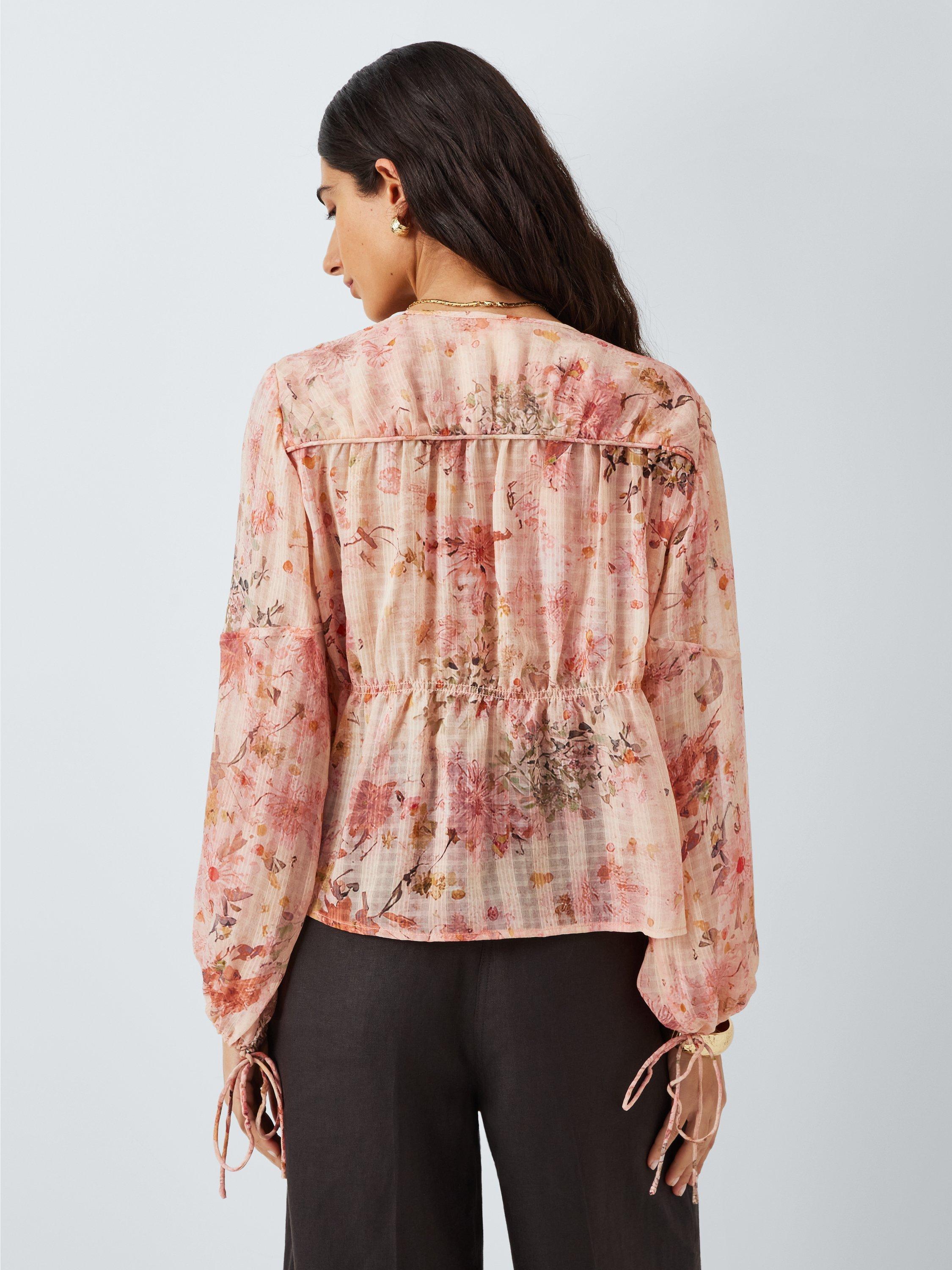 Product image 2 of 7, which shows John Lewis Botanical Print Tie Detail V-Neck Blouse, Pink, 20