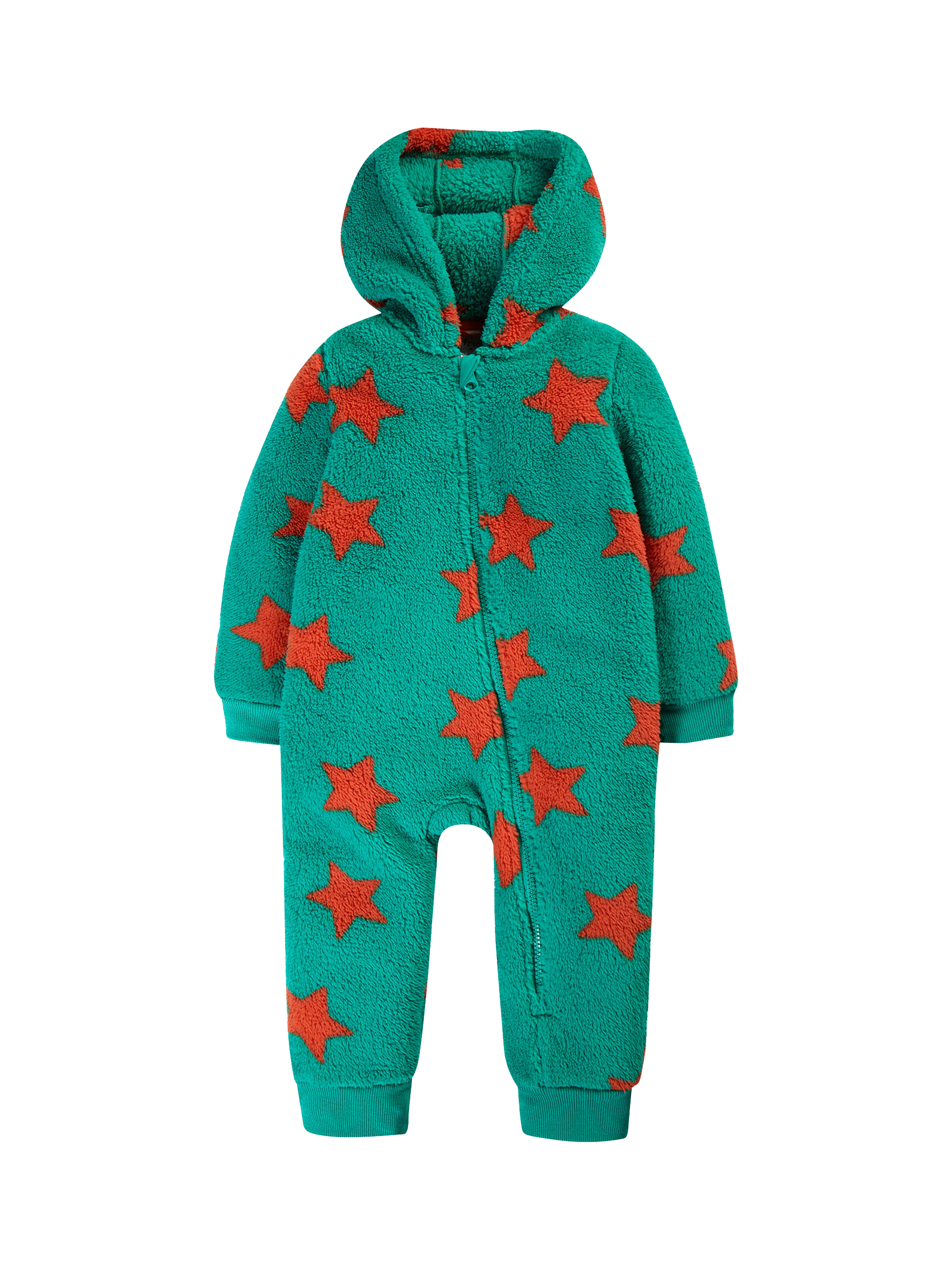 Product image 1 of 6, which shows Frugi Baby Cosy Teddy Fleece Star Print Snuggle Suit, Bonfire Stars, 0-3 months