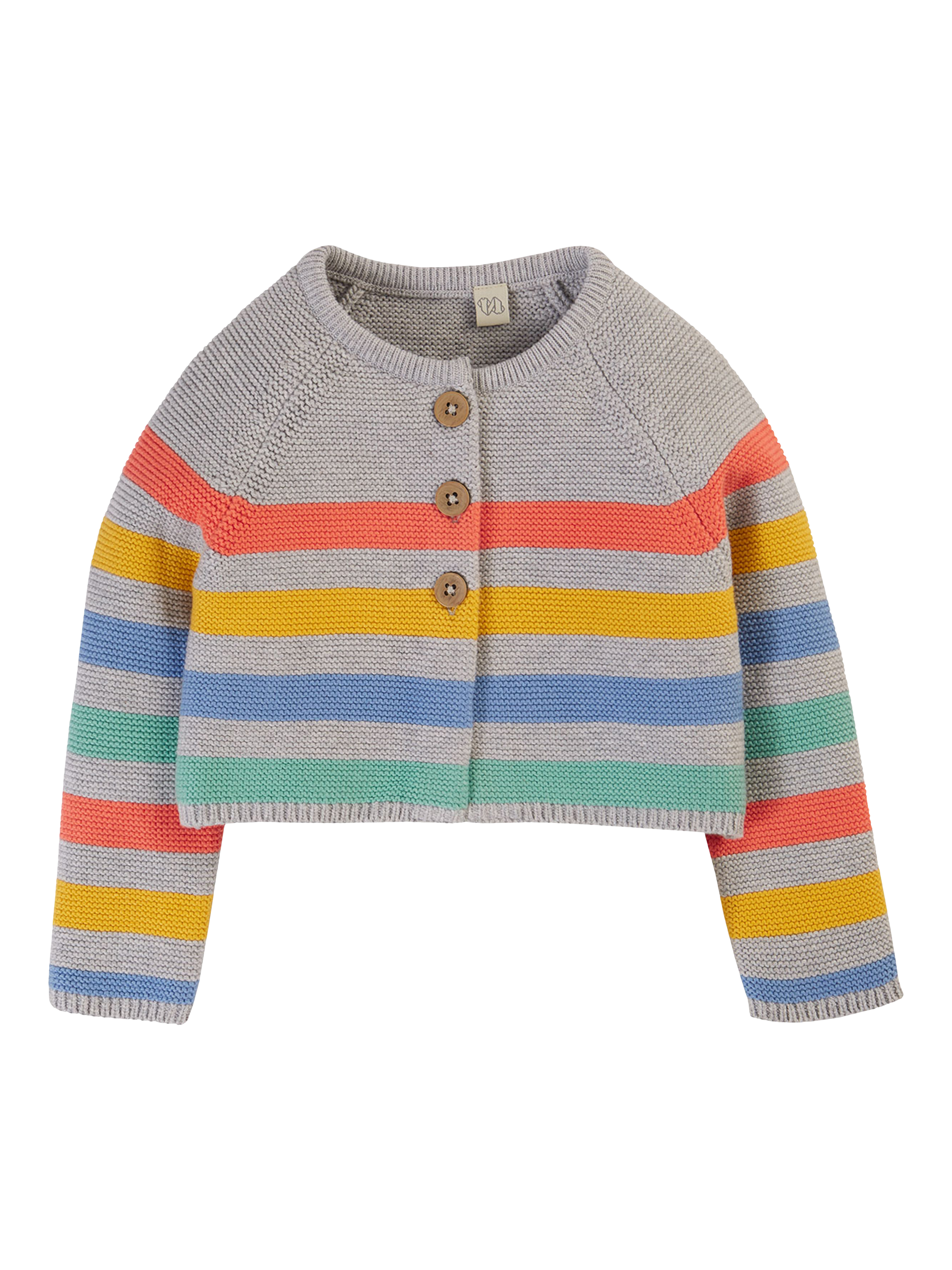 Product image 1 of 5, which shows Frugi Baby Bright as a Button Organic Cotton Cardigan, Grey Marl/Multi, 0-3 months