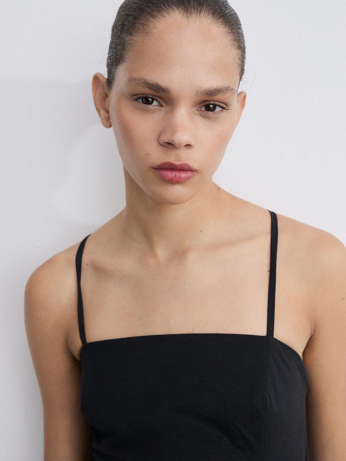 Product image 1 of 7, which shows Mango Chiba Pleated Crossover Back Mini Dress, Black, 10