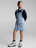 Mango Kids' Lara Denim Pinafore Dress, Open Blue