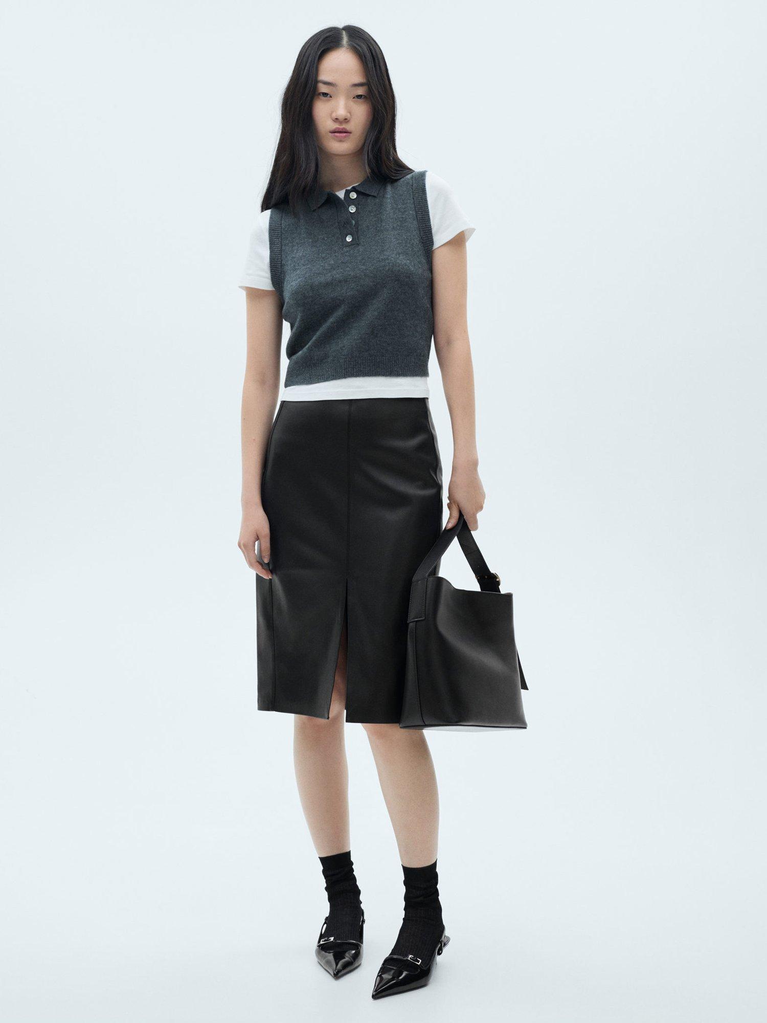 Product image 2 of 7, which shows Mango Faux Leather Pencil Skirt, Black, 24