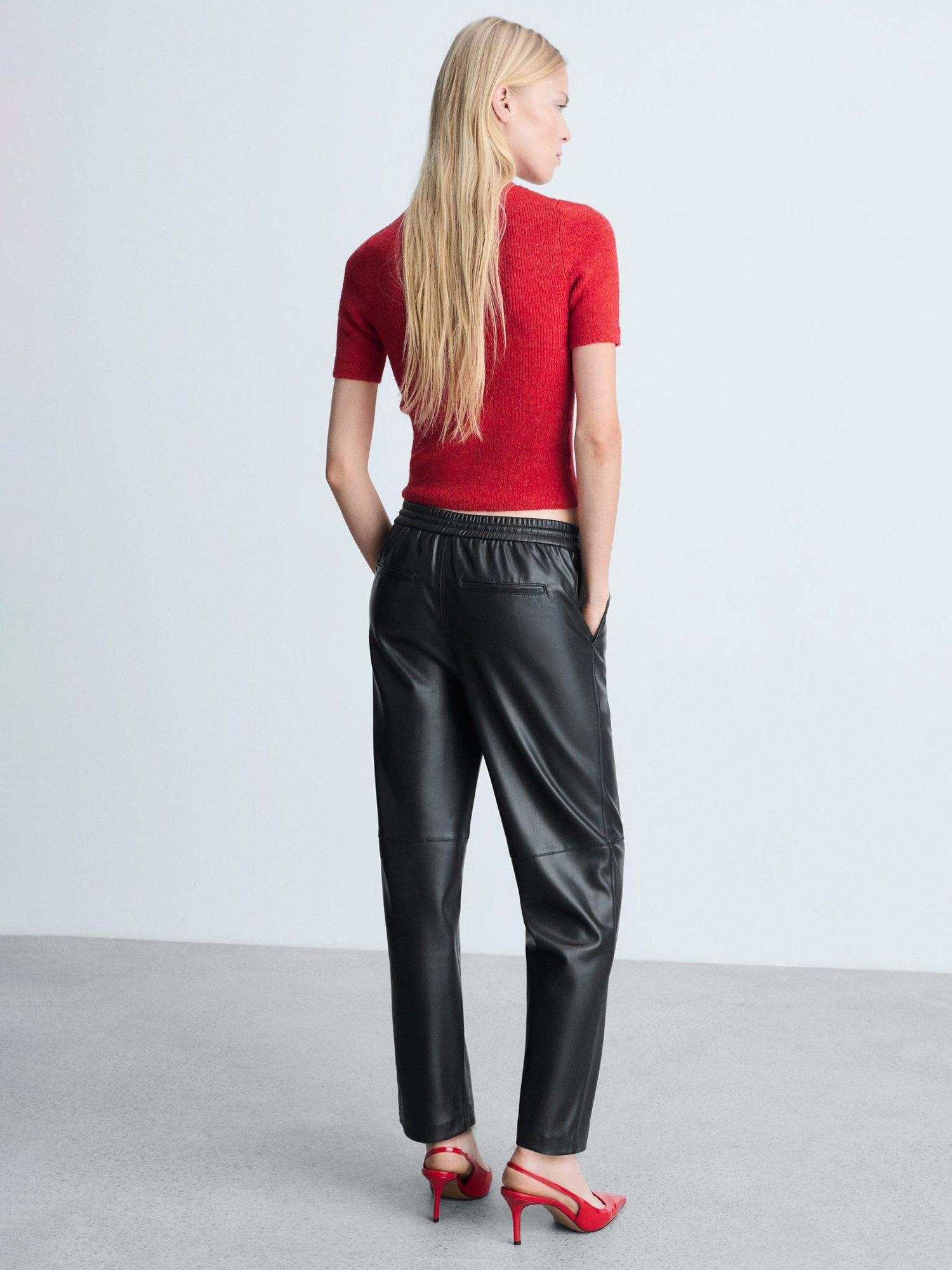 Mango Apple Faux Leather Elasticated Waist Slim Trousers Black