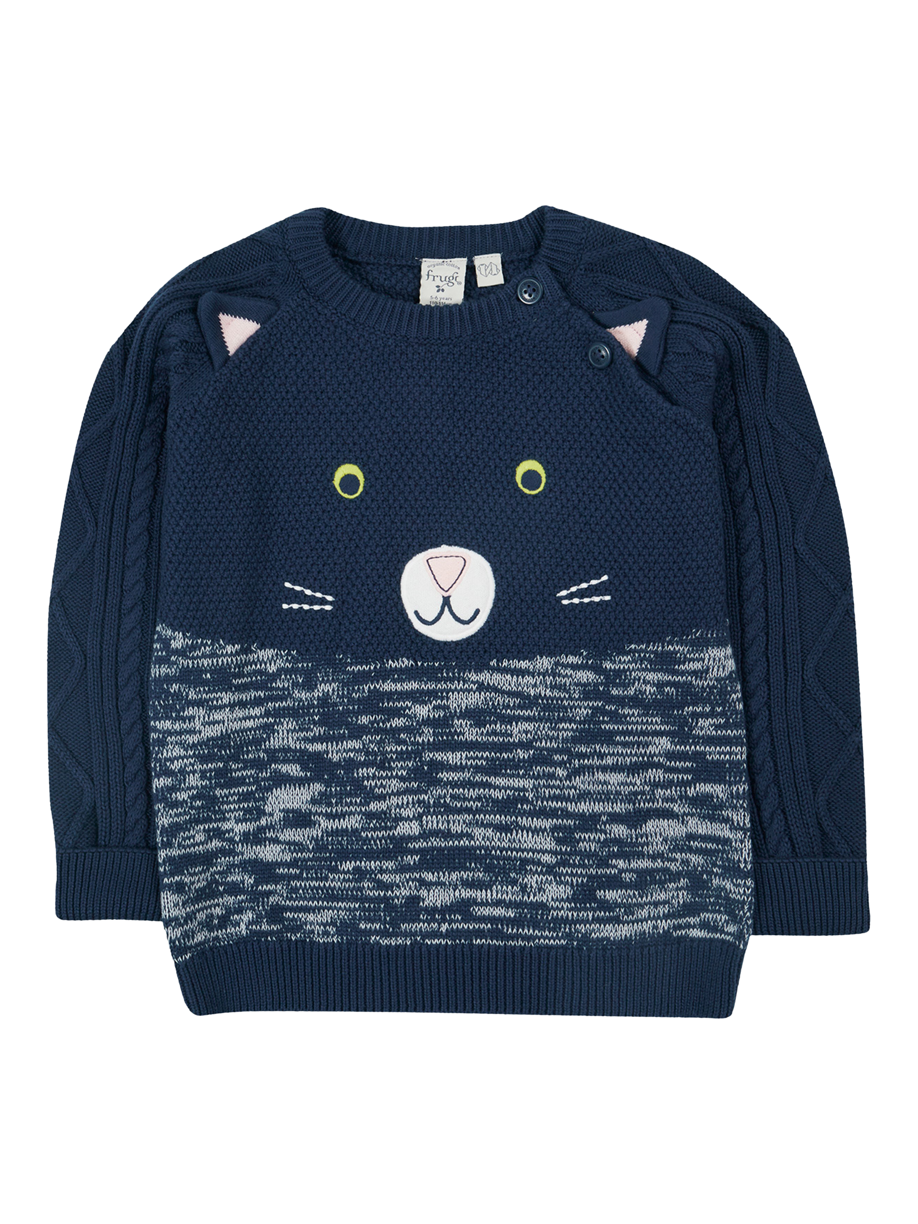 Product image 1 of 4, which shows Frugi Baby Cat Knit Organic Cotton Jumper, Navy Blue, 0-3 months