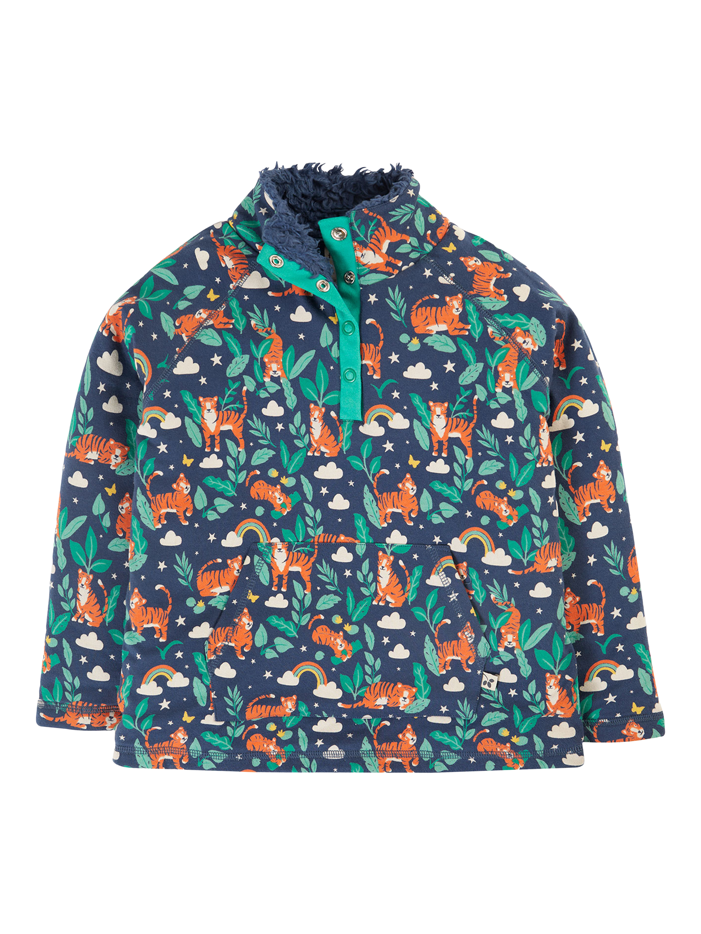 Product image 1 of 5, which shows Frugi Kids' Snuggle Organic Cotton Fleece Jumper, Roarsome!, 9-12 months