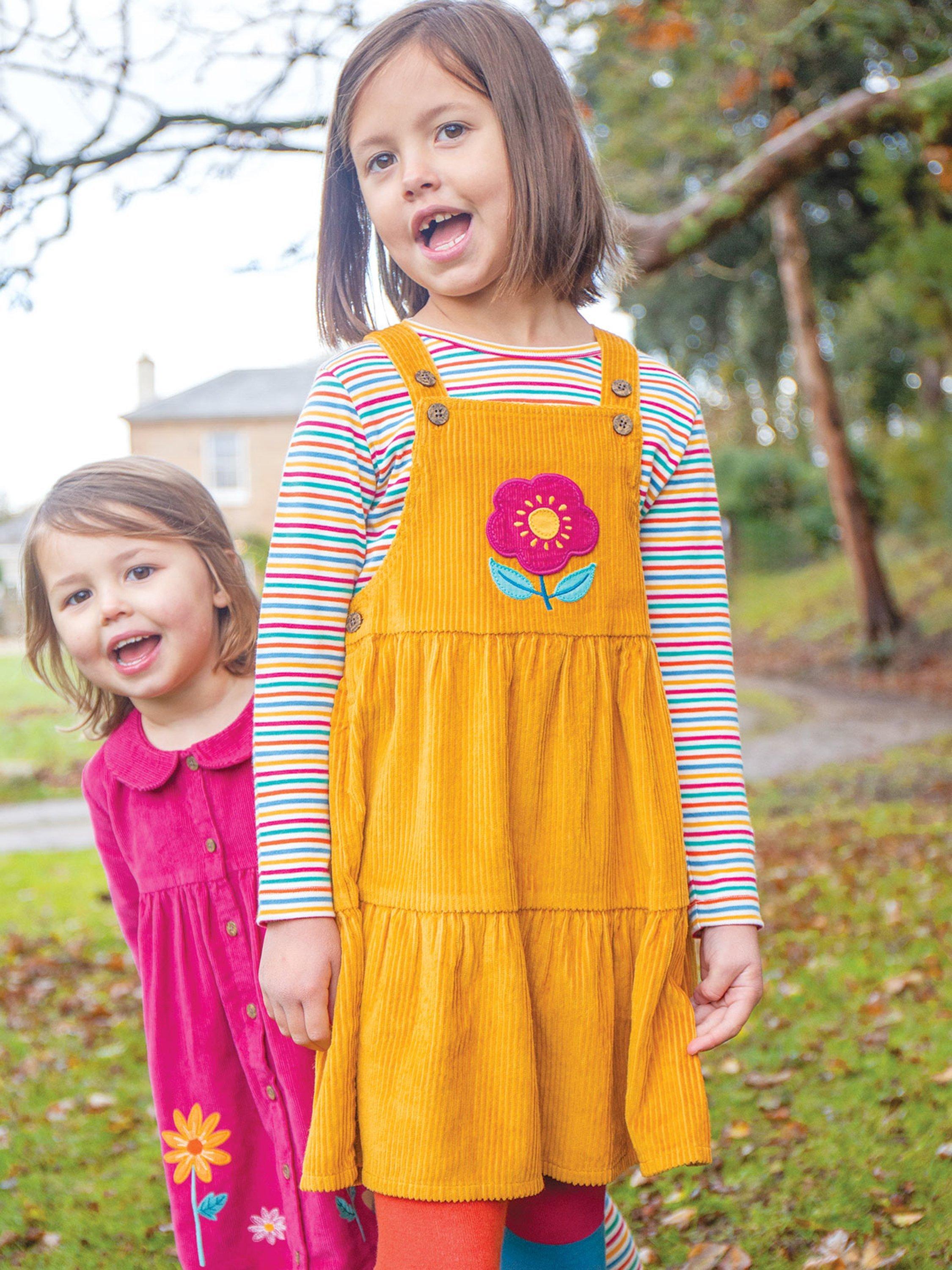 Frugi Kids Michaela Cotton Cord Pinafore Dress Gold Flower