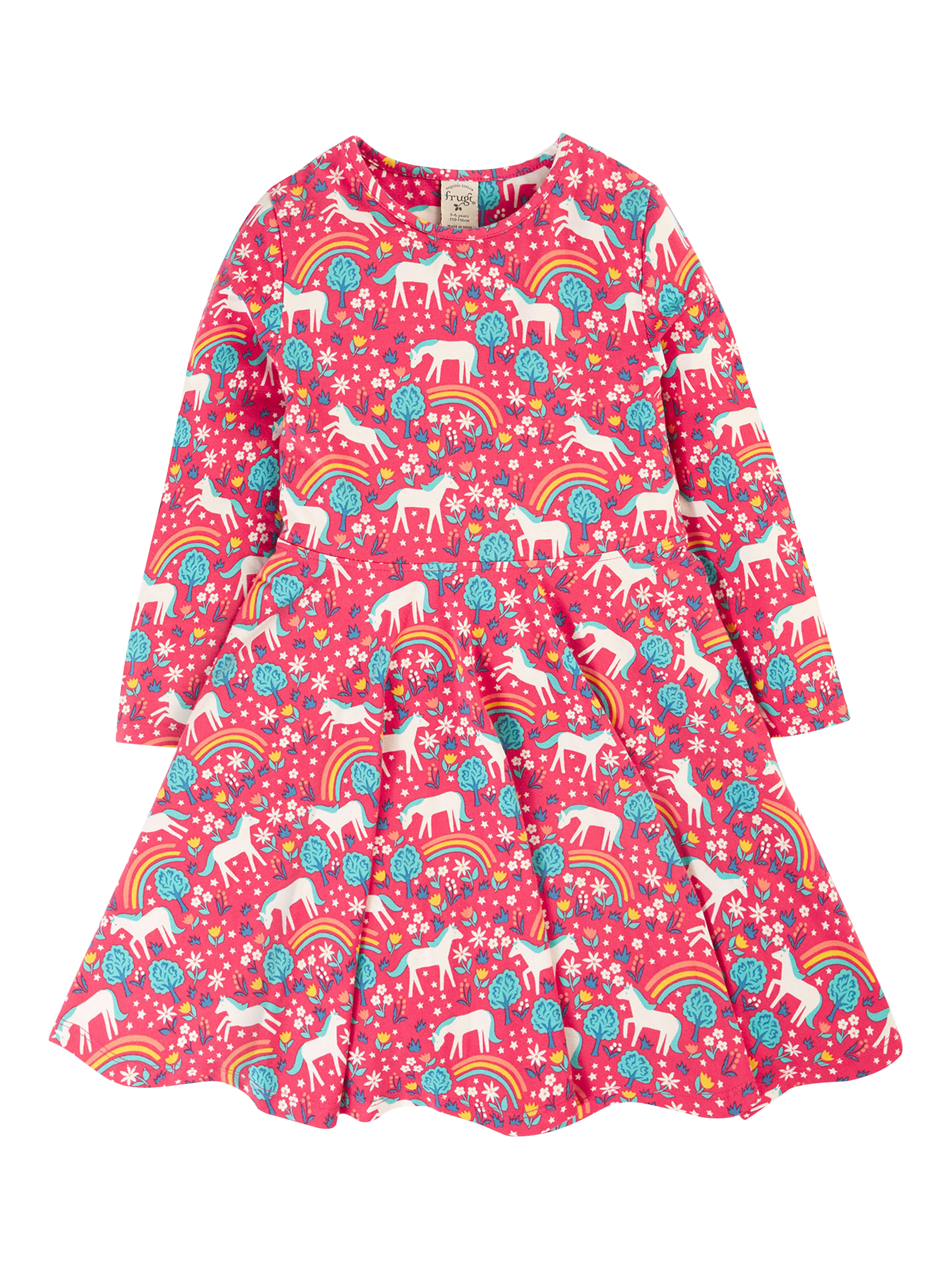 Frugi Kids Sofia Unicorn Organic Cotton Skater Dress Pink Multi