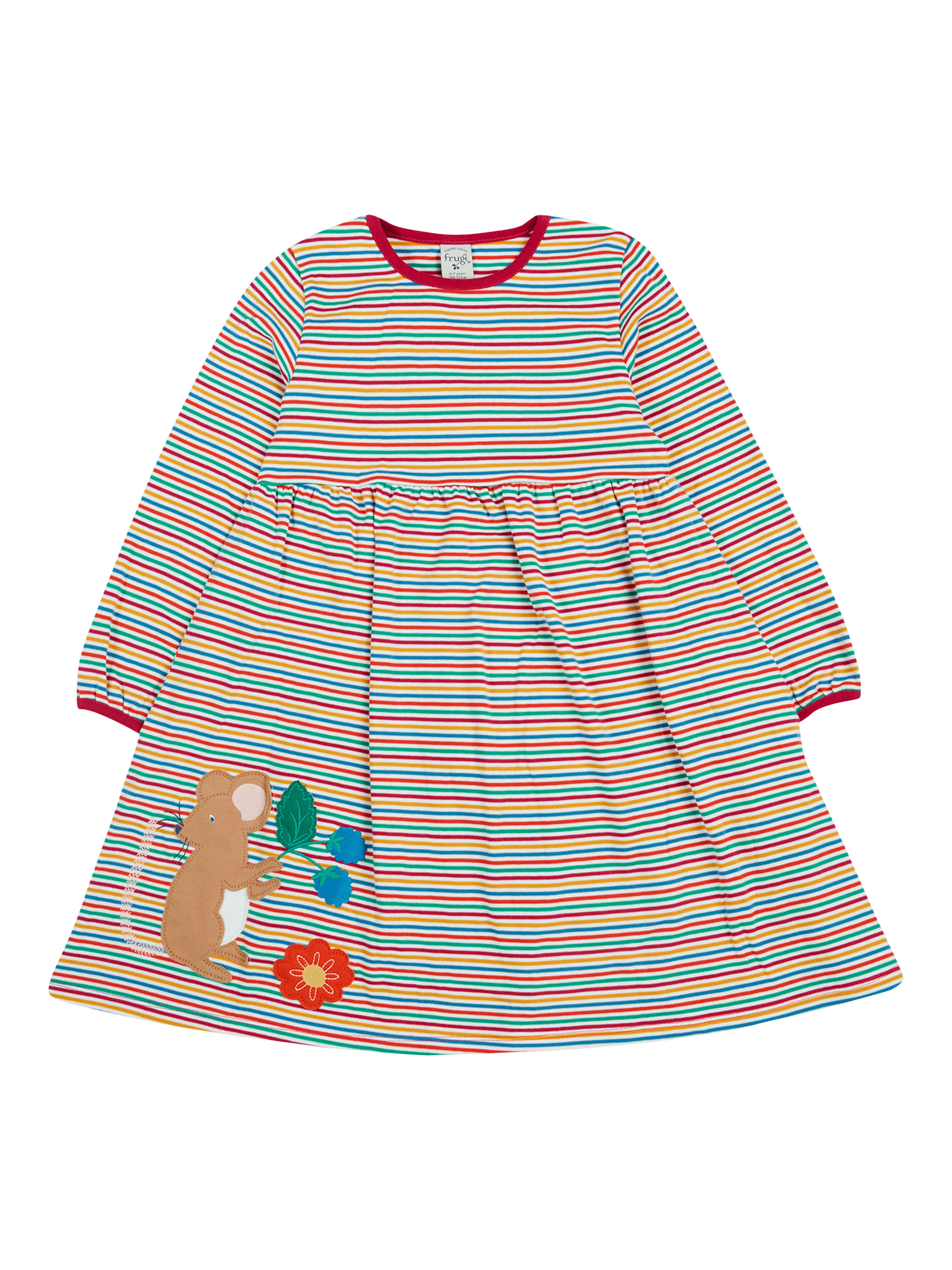 Product image 1 of 5, which shows Frugi Kids' Dolcie Organic Cotton Stripe Dress, Lingonberry/Multi, 0-3 months