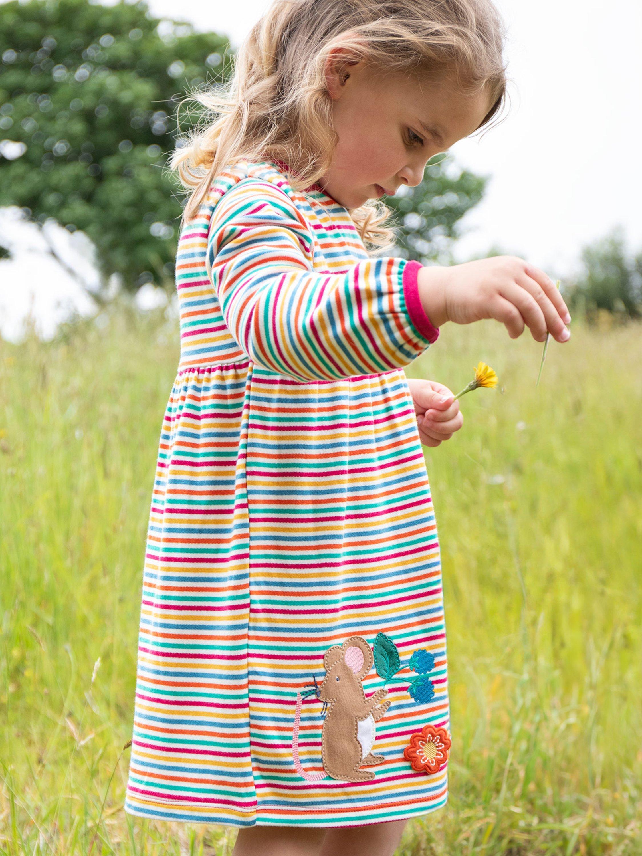 Product image 2 of 5, which shows Frugi Kids' Dolcie Organic Cotton Stripe Dress, Lingonberry/Multi, 0-3 months