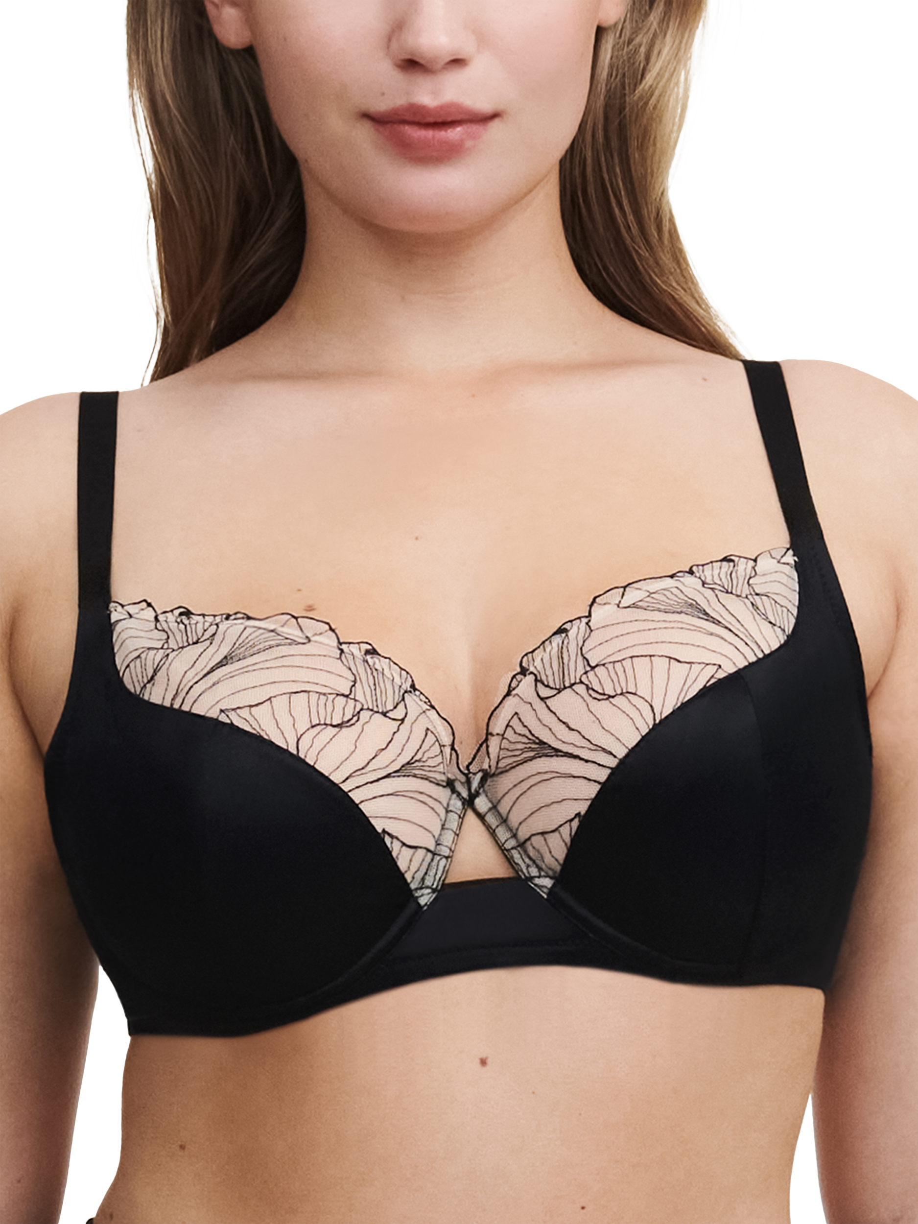 Product image 1 of 5, which shows Chantelle Tattoo Love Full Cup Underwired Bra, Black/Golden Beige, 30E