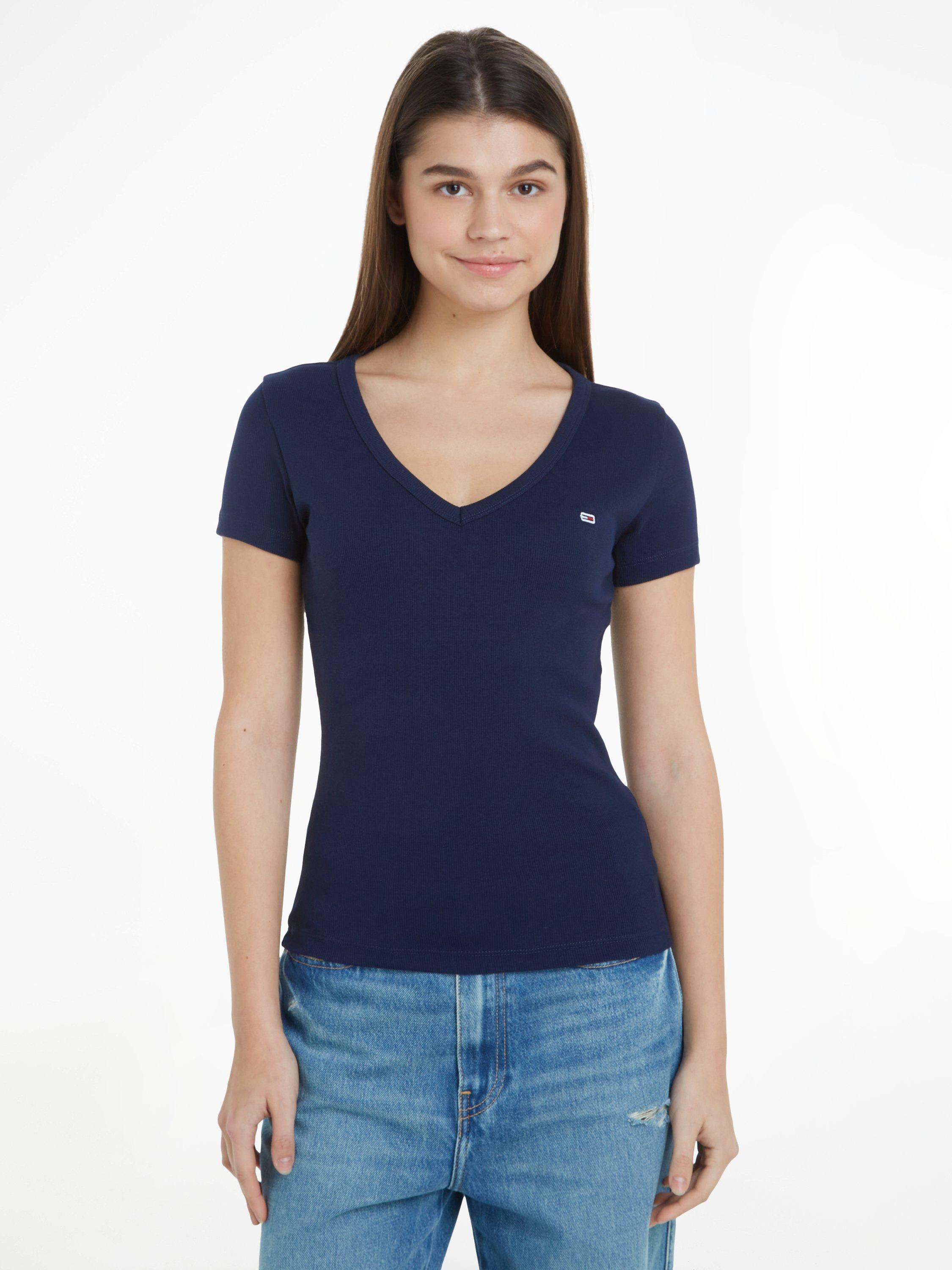 Product image 1 of 5, which shows Tommy Hilfiger Slim Fit V-Neck Mini Logo T-Shirt, Navy, XXS