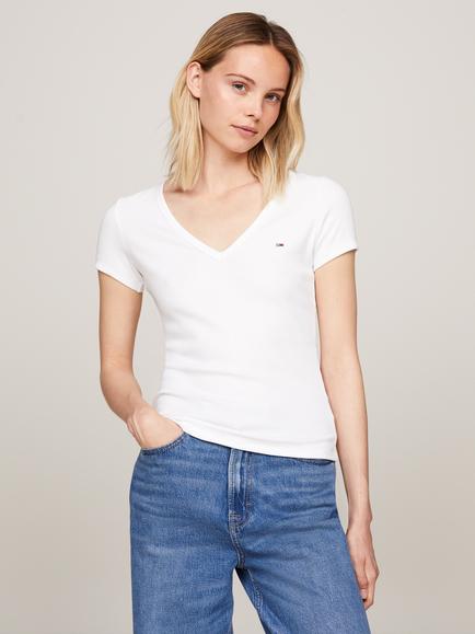 Tommy Hilfiger Slim Fit V-Neck Mini Logo T-Shirt, White
