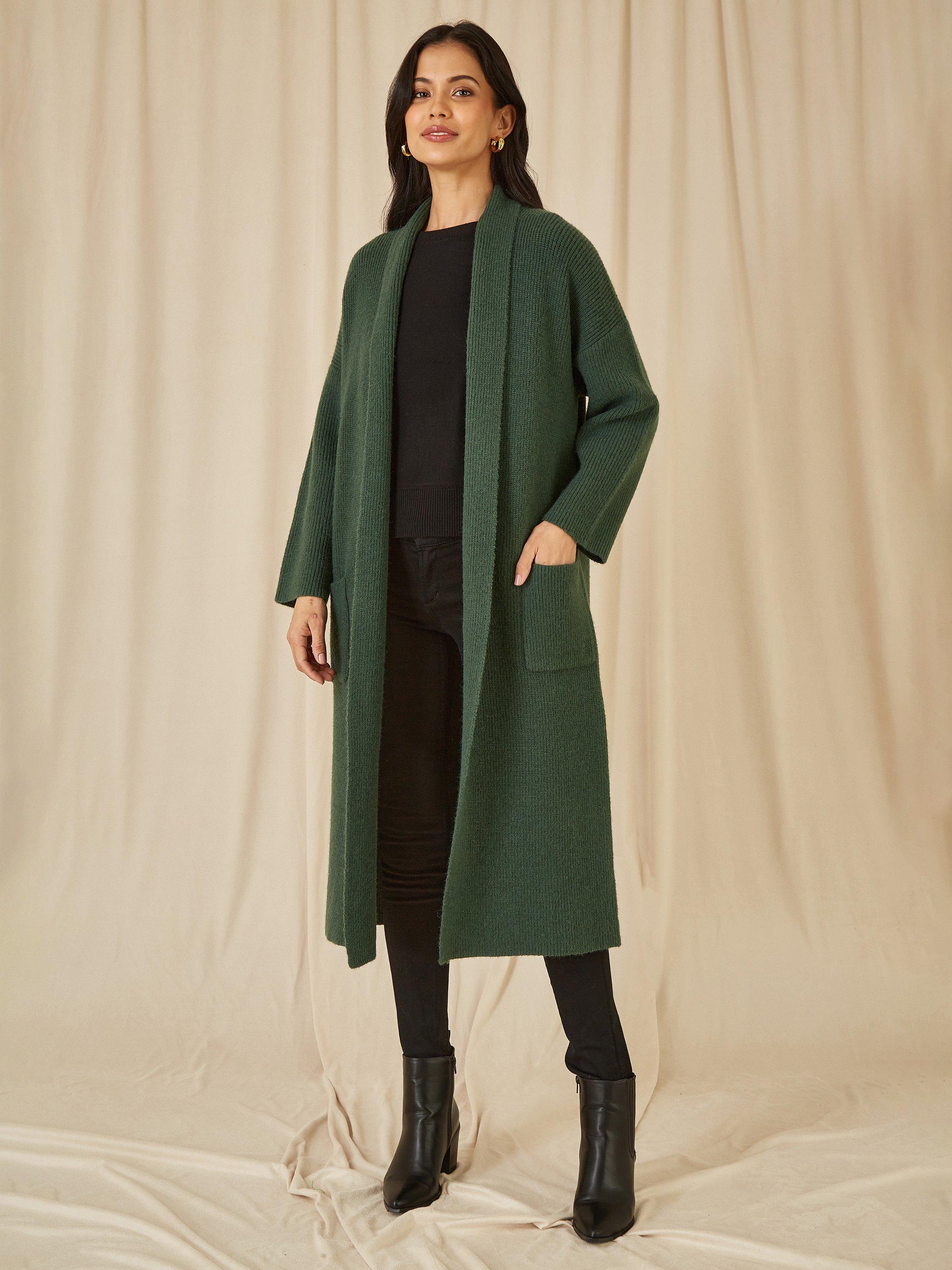 Product image 2 of 4, which shows Yumi Knitted Maxi Pocket Cardigan, Green, S