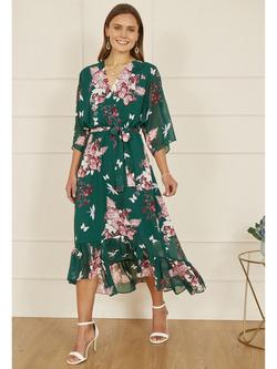 Yumi Floral Wrap Dipped Hem Midi Dress, Green, Green