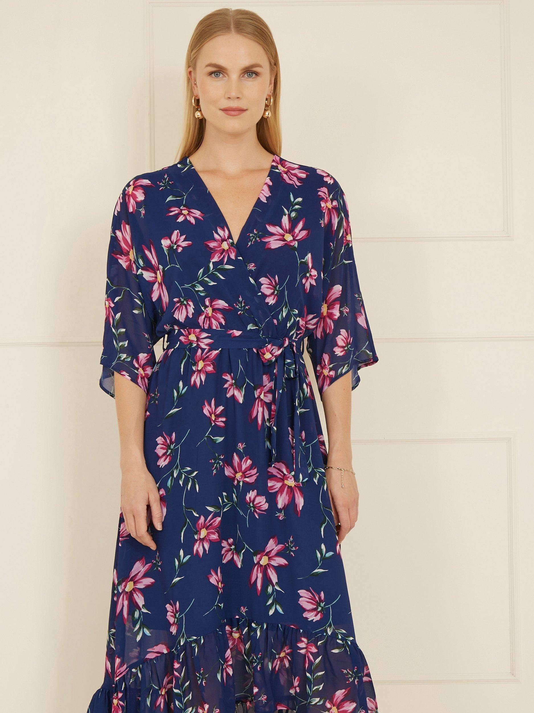 Product image 1 of 6, which shows Yumi Floral Kimono Midi Dress, Navy, 8