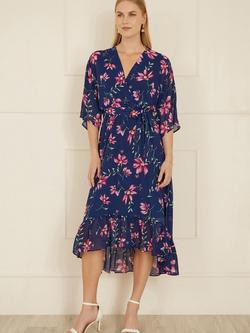 Yumi Floral Kimono Midi Dress, Navy - view 2, Navy
