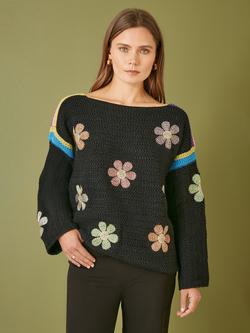 Yumi Crochet Flower Jumper, Black/Multi