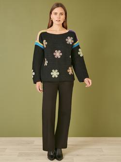 Yumi Crochet Flower Jumper - view 2, Black/Multi