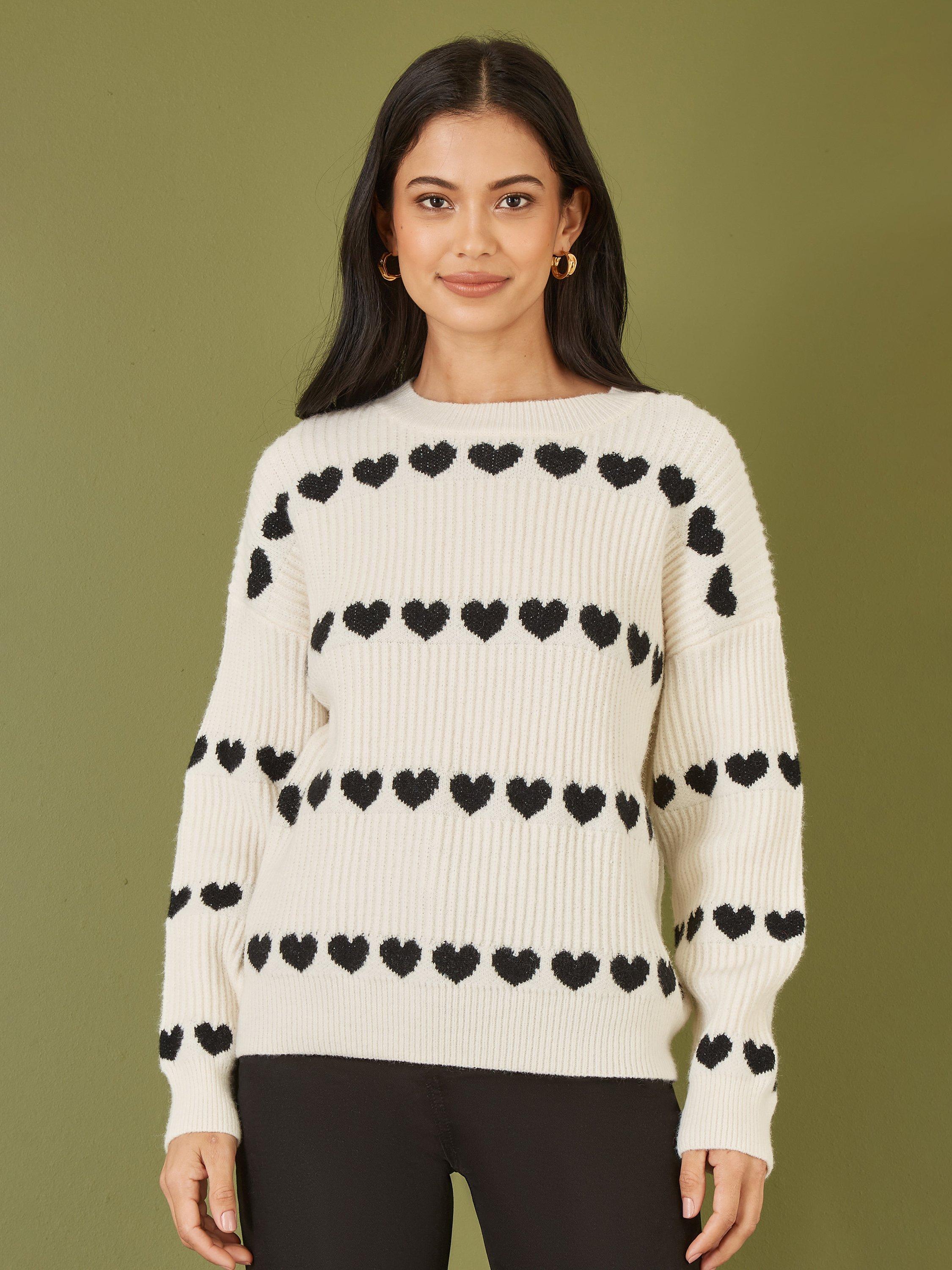 Product image 1 of 5, which shows Yumi Ivy Heart Stripe Jumper, Ivory/Black, S-M