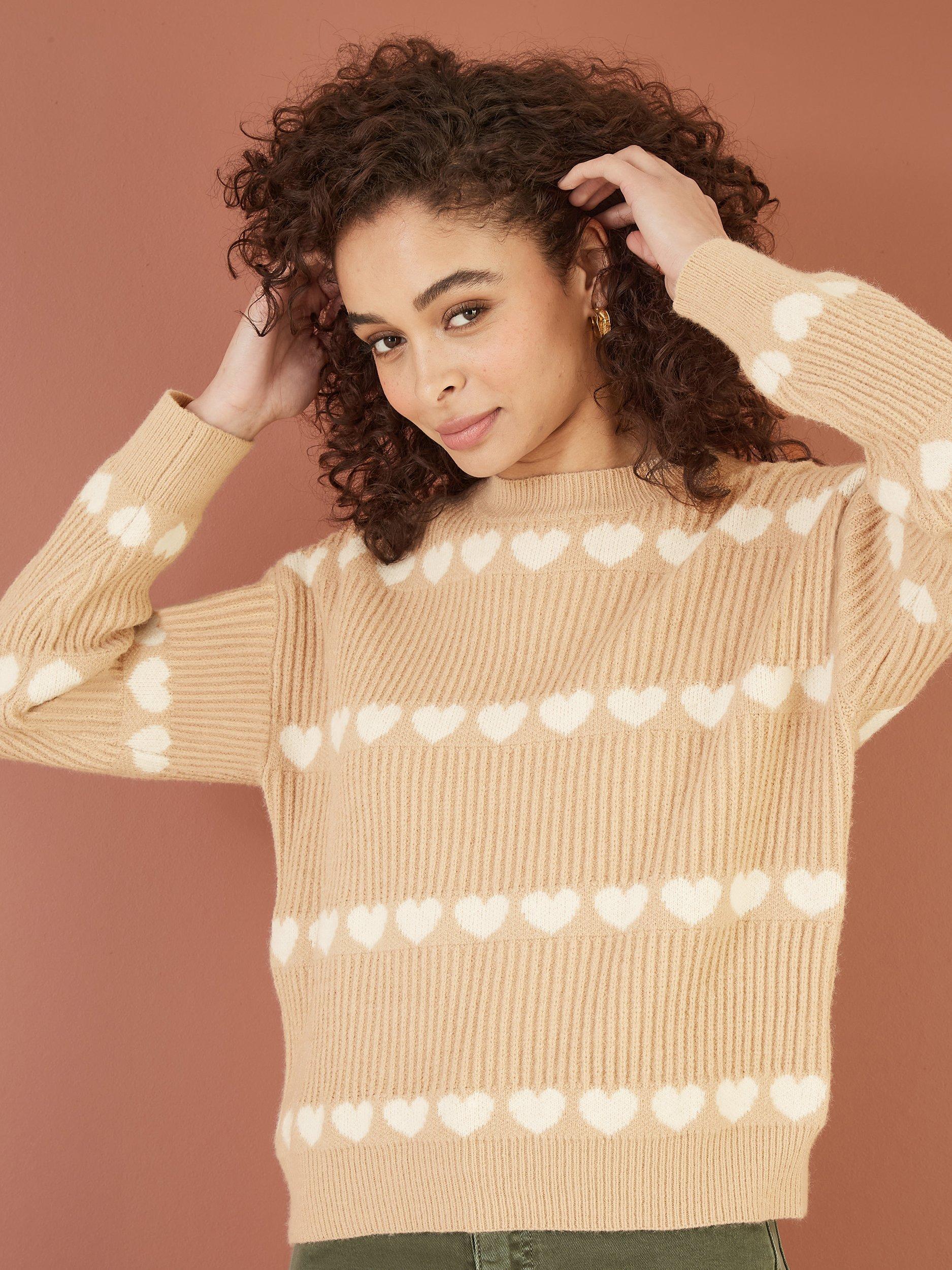 Product image 1 of 5, which shows Yumi Ivy Heart Stripe Jumper, Oatmeal, S-M