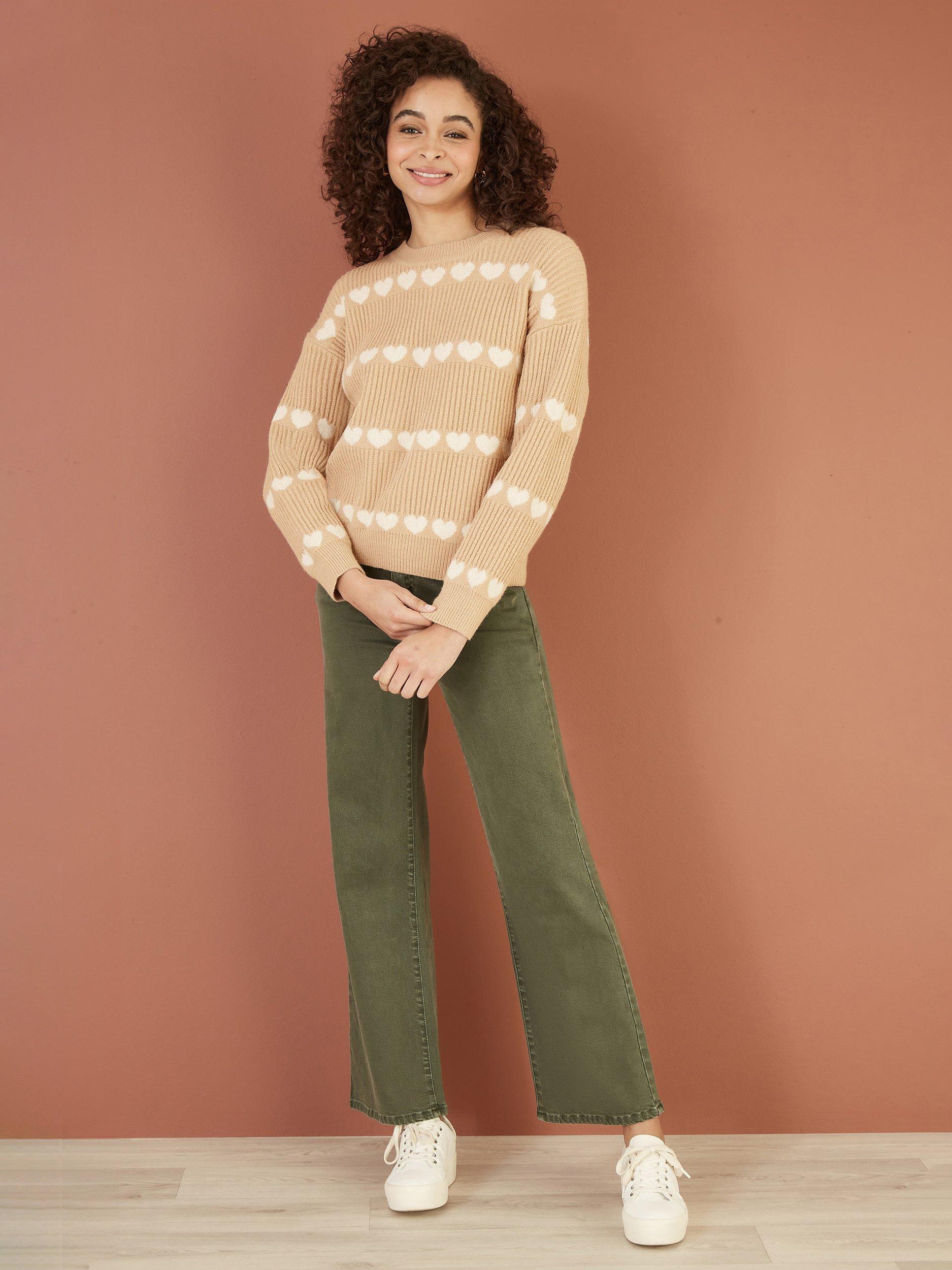 Product image 2 of 5, which shows Yumi Ivy Heart Stripe Jumper, Oatmeal, S-M