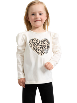 Lindex Kids' Leopard Print Heart Applique Top, Dusty White, Dusty White