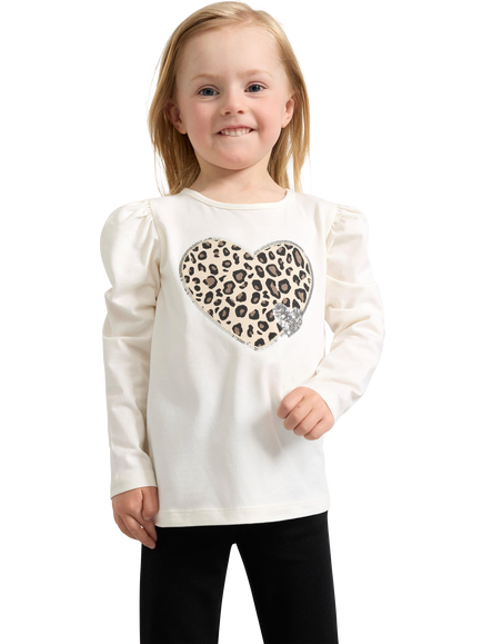 Lindex Kids' Leopard Print Heart Applique Top, Dusty White, Dusty White