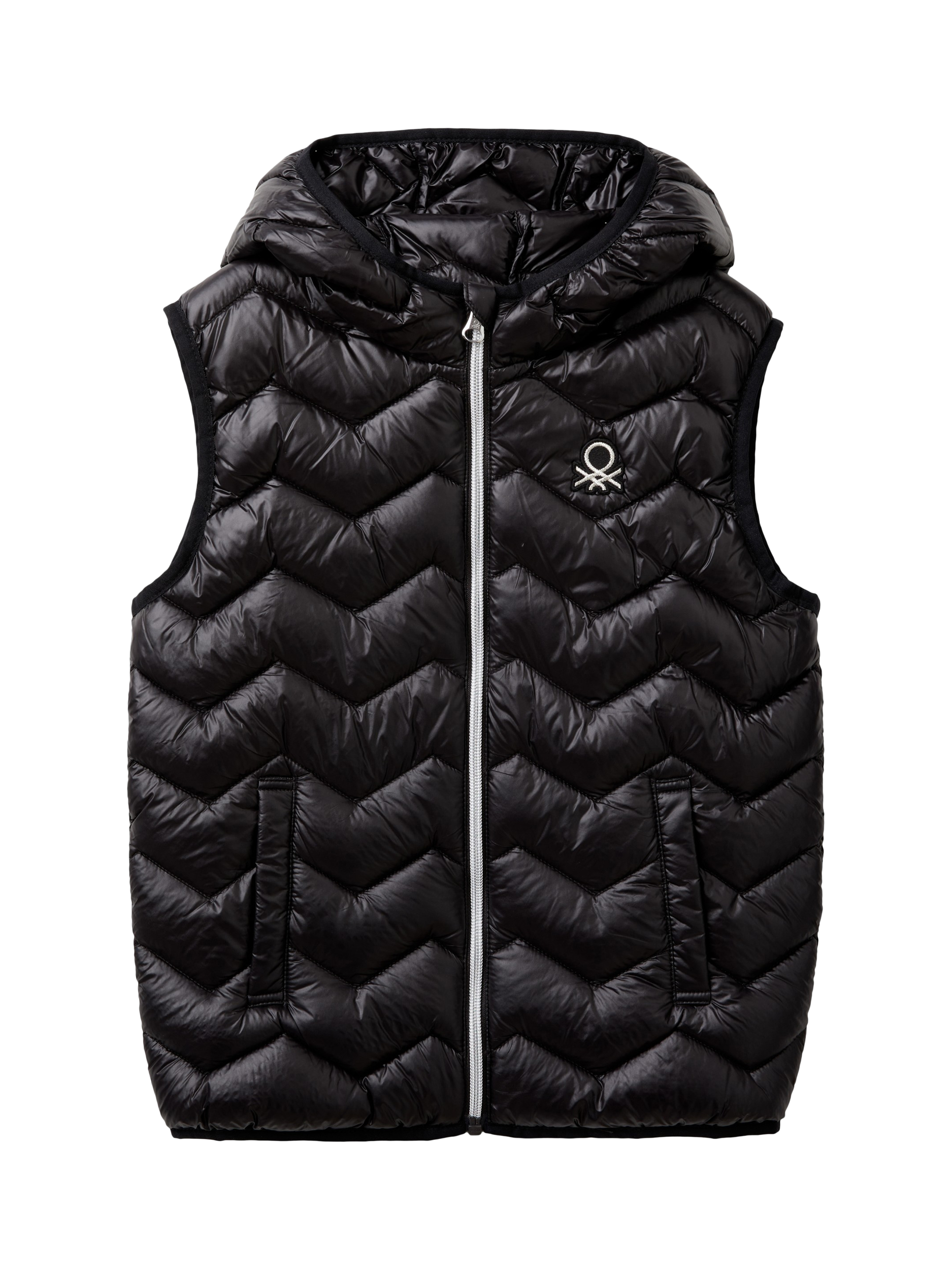 Product image 1 of 3, which shows Benetton Kids' Hooded Quilted Gilet, Black, 6-7 years