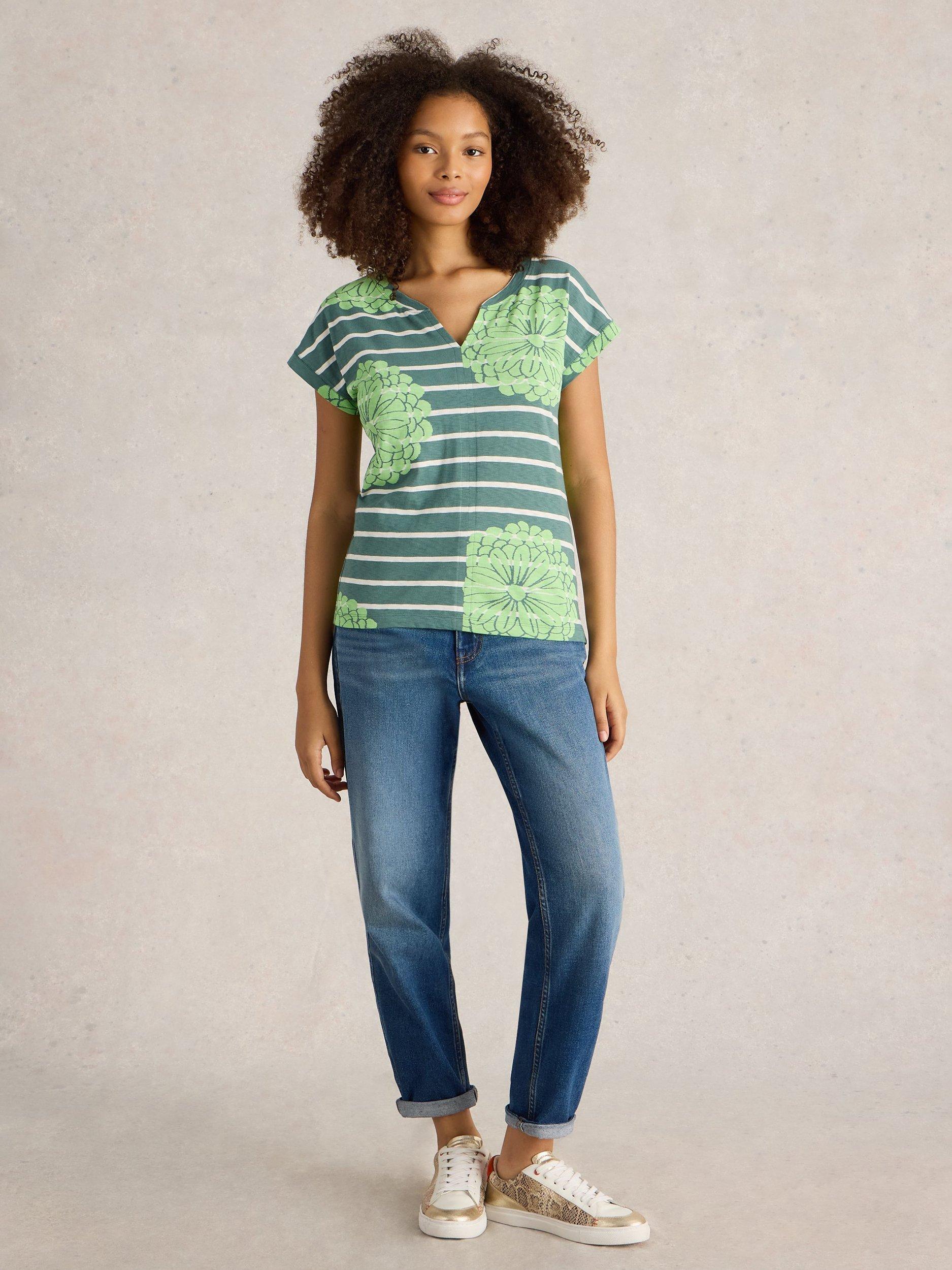 Product image 1 of 6, which shows White Stuff Nelly Stripe Floral Organic Cotton Blend Top, Green/Multi, 6