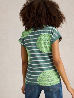 White Stuff Nelly Stripe Floral Organic Cotton Blend Top, Green/Multi - view 2, Green/Multi