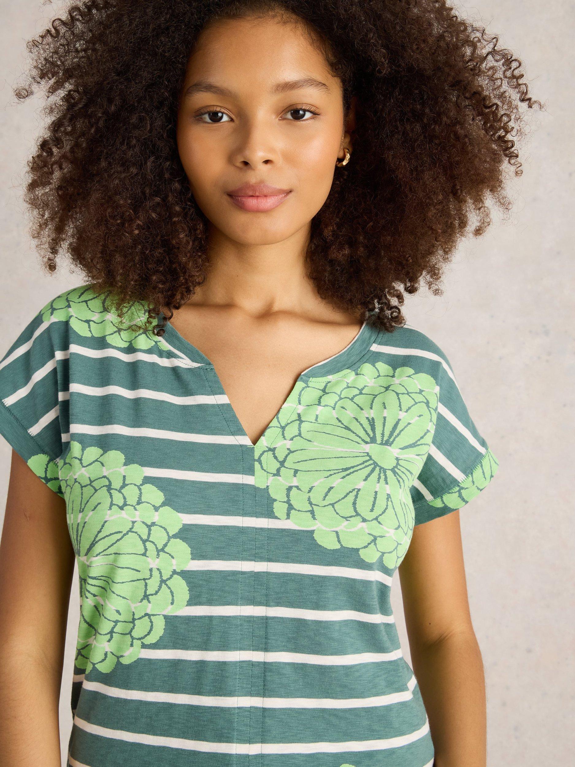 Product image 3 of 6, which shows White Stuff Nelly Stripe Floral Organic Cotton Blend Top, Green/Multi, 6