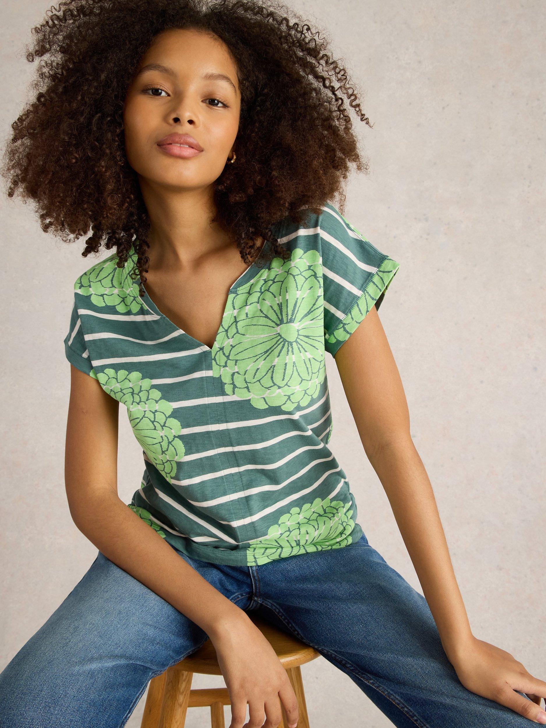 Product image 4 of 6, which shows White Stuff Nelly Stripe Floral Organic Cotton Blend Top, Green/Multi, 6