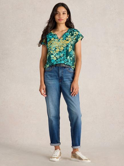 White Stuff Nelly Floral Organic Cotton Notch Neck T-Shirt, Green/Multi, Green/Multi