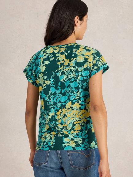 White Stuff Nelly Floral Organic Cotton Notch Neck T-Shirt, Green/Multi - view 2, Green/Multi