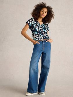 White Stuff Nelly Leaves Notch Neck Organic Cotton Top, Navy/Multi, Navy/Multi