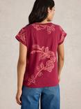 White Stuff Nelly Leaf Print Organic Cotton Notch Neck T-Shirt, Plum