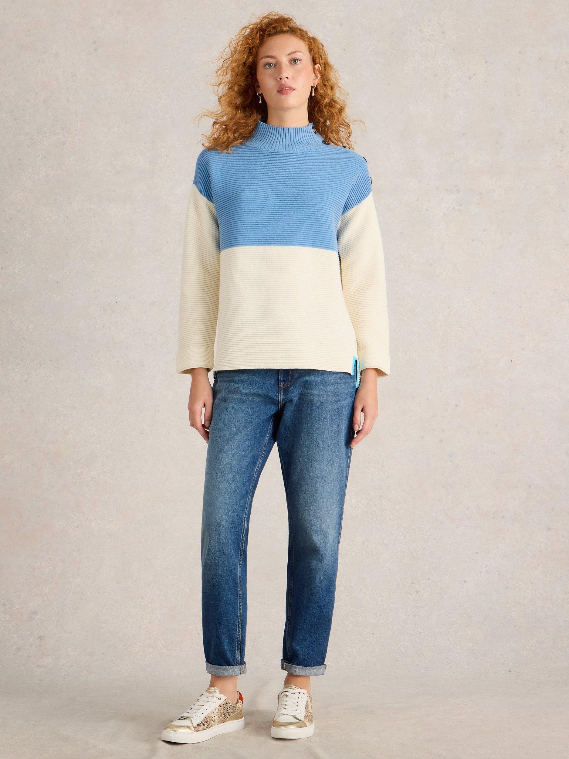 Product image 1 of 6, which shows White Stuff Jana Colour Block Organic Cotton Jumper, Blue/Cream, 8