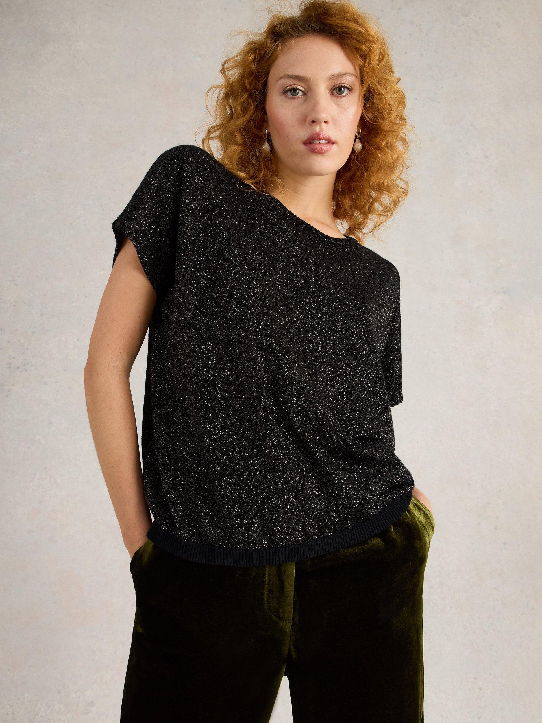 Product image 3 of 6, which shows White Stuff Lena Sparkle Pure Organic Cotton Short Sleeve Jumper, Black, 8