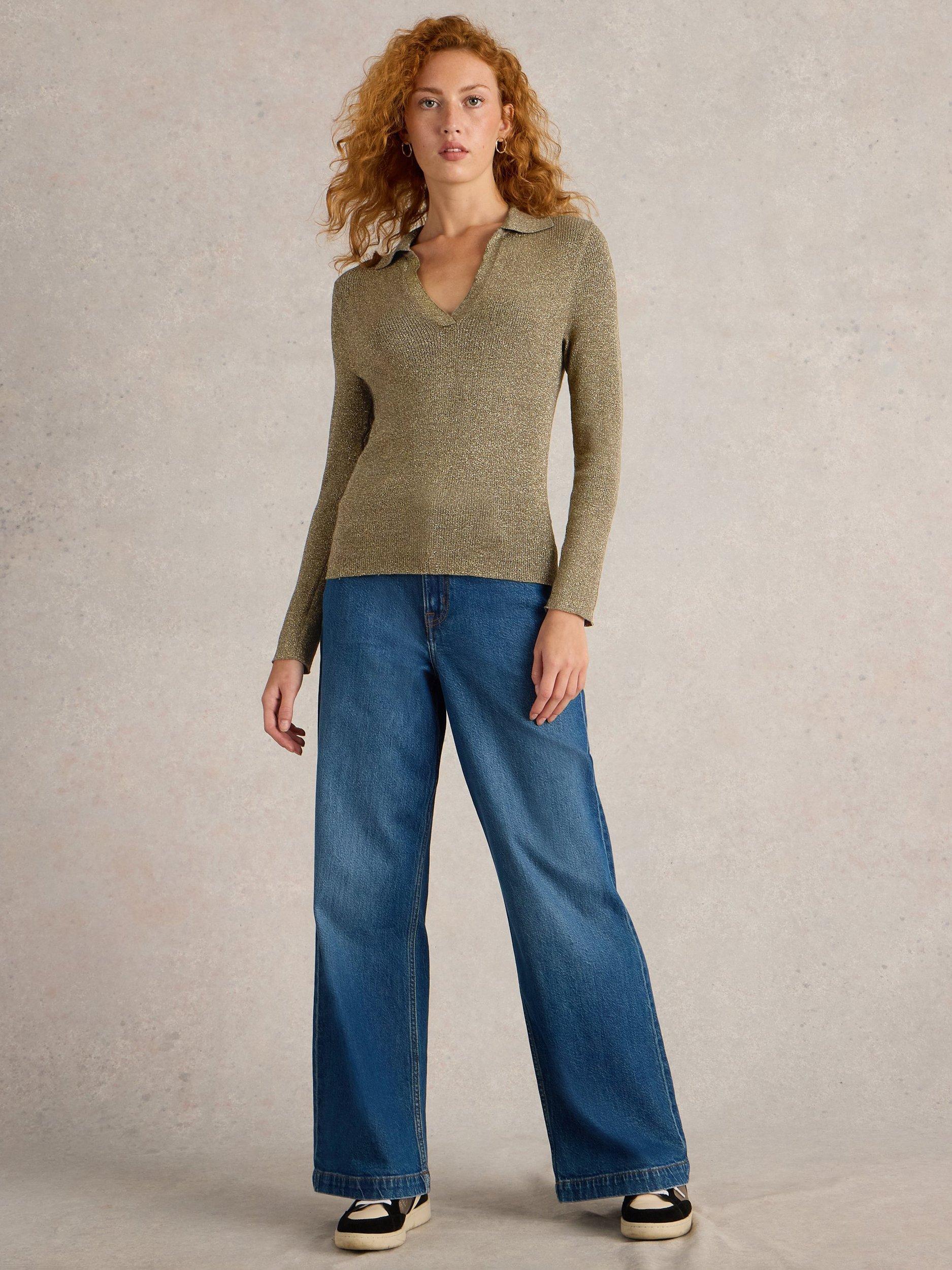 Product image 1 of 6, which shows White Stuff Riley Sparkle Rib Collar Jumper, Khaki, 8