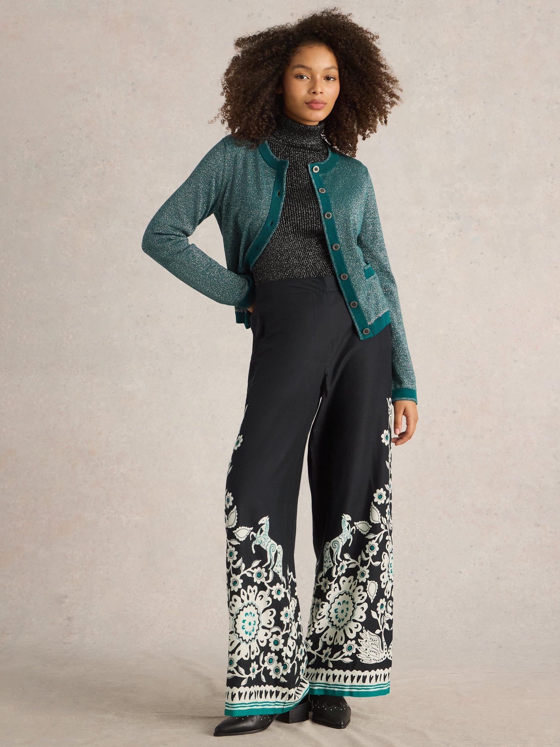 White Stuff Belle Organic Cotton Wide Leg Trousers, Black/Multi