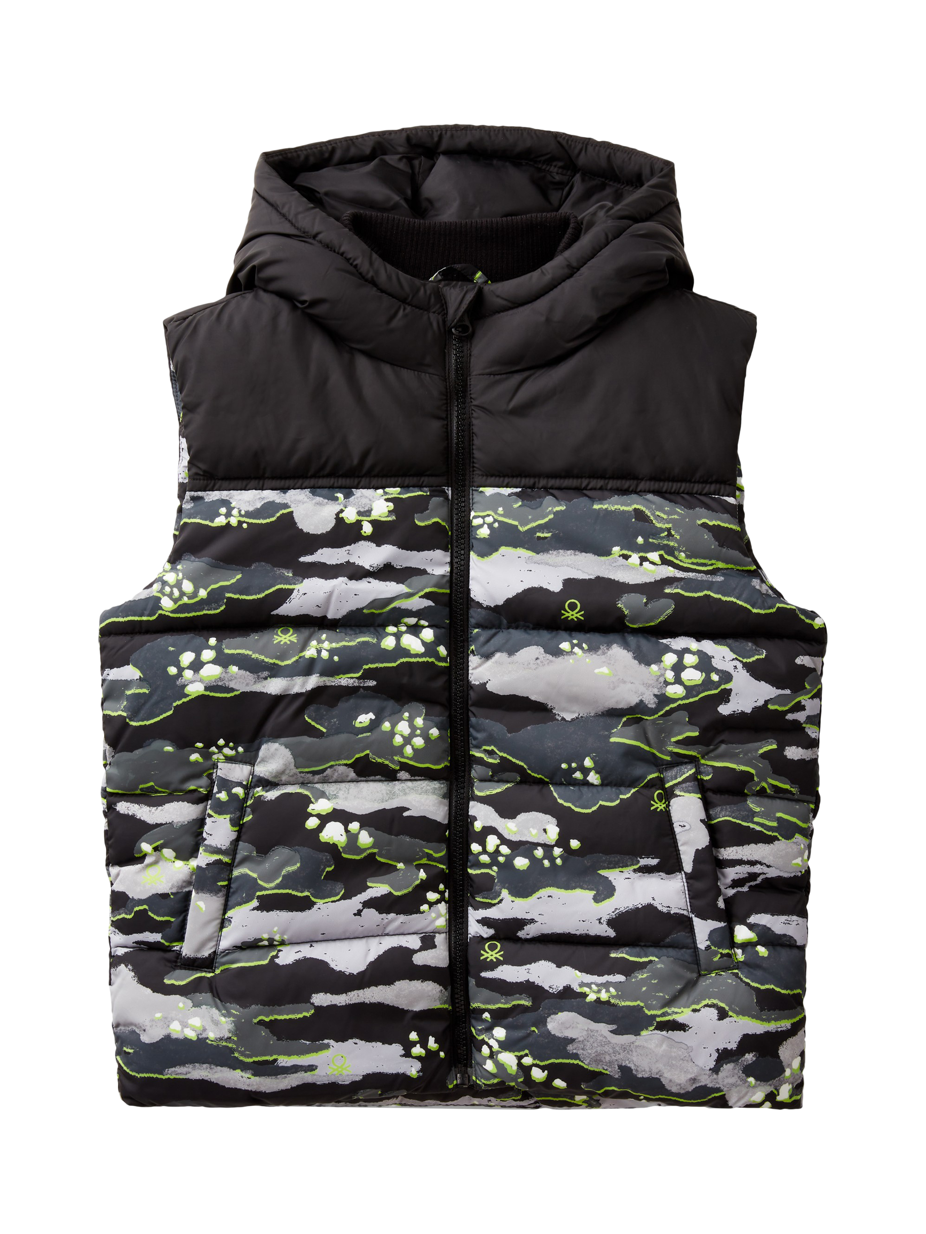 Benetton Kids Camo Hooded Puffer Gilet Black Multi