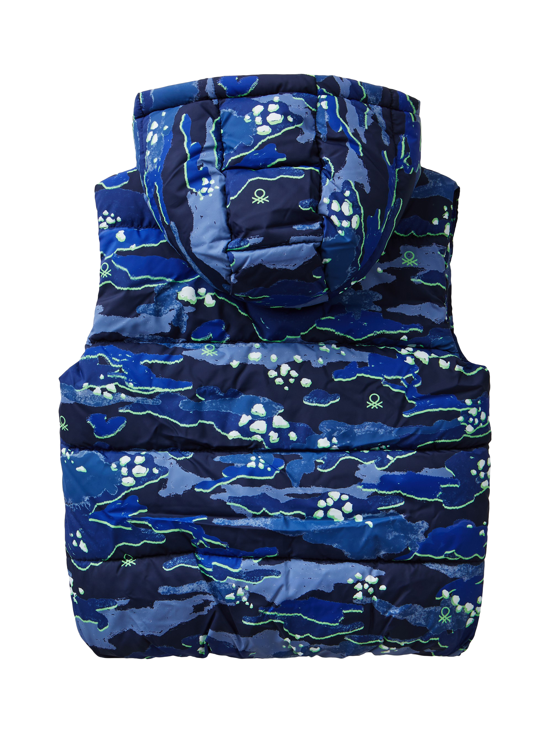 Benetton Kids' Camo Hooded Puffer Gilet, Blue/Multi