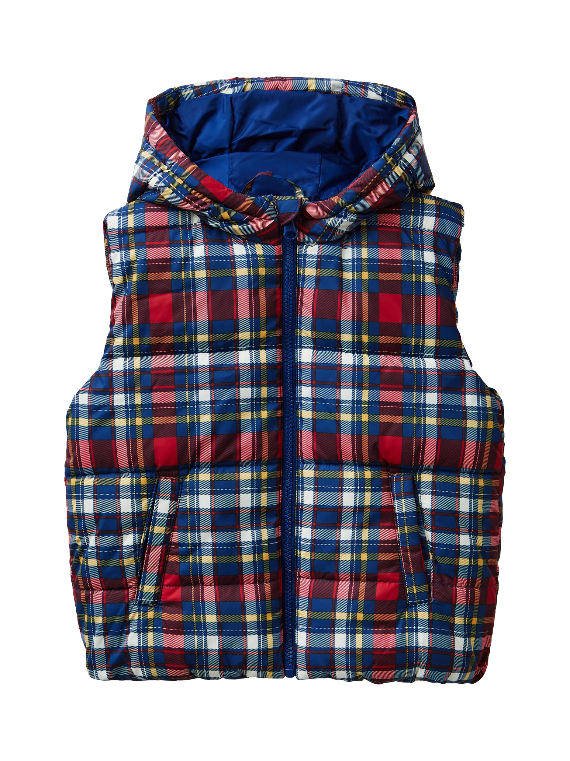 Benetton Kids' Tartan Hooded Puffer Gilet, Blue/Multi