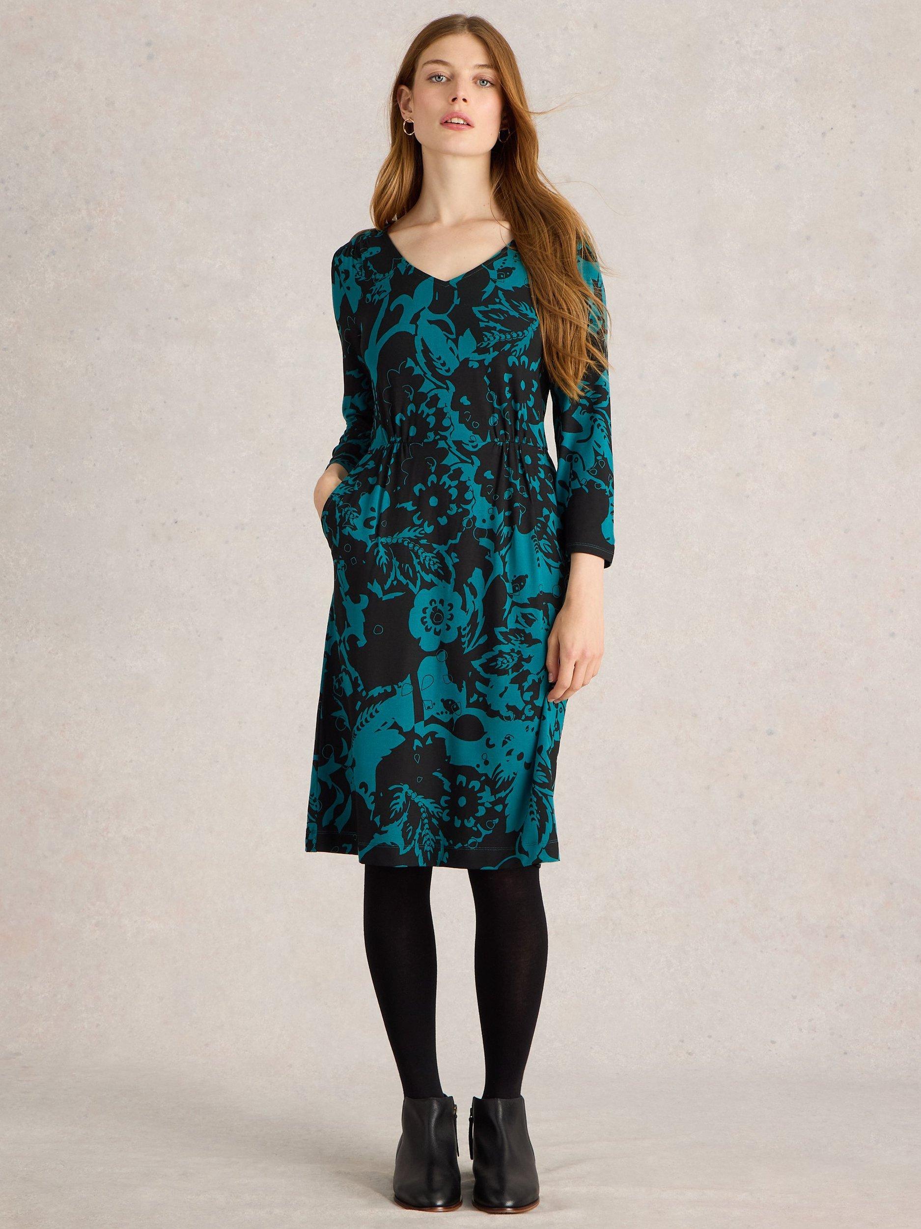 White Stuff Tallie Print Jersey Dress Black Teal