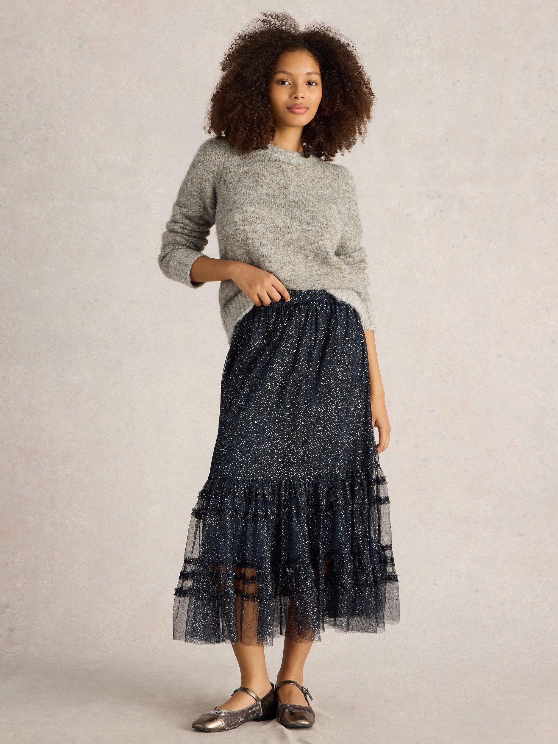 Product image 1 of 6, which shows White Stuff Nova Tulle Sparkle Skirt, Navy/Multi, 6