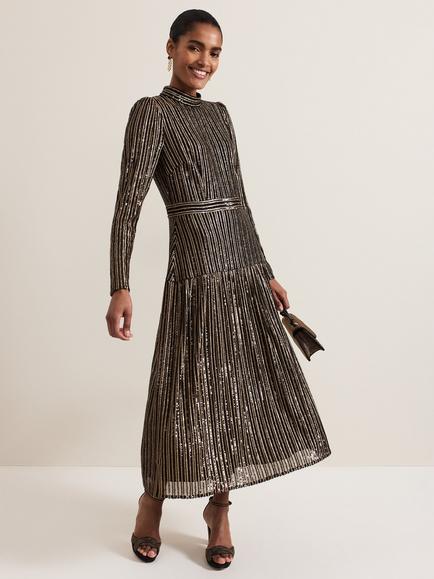 Phase Eight Gloria Sequin Stripe Drop Waist Midi Dress, Black/Gold, Black/Gold